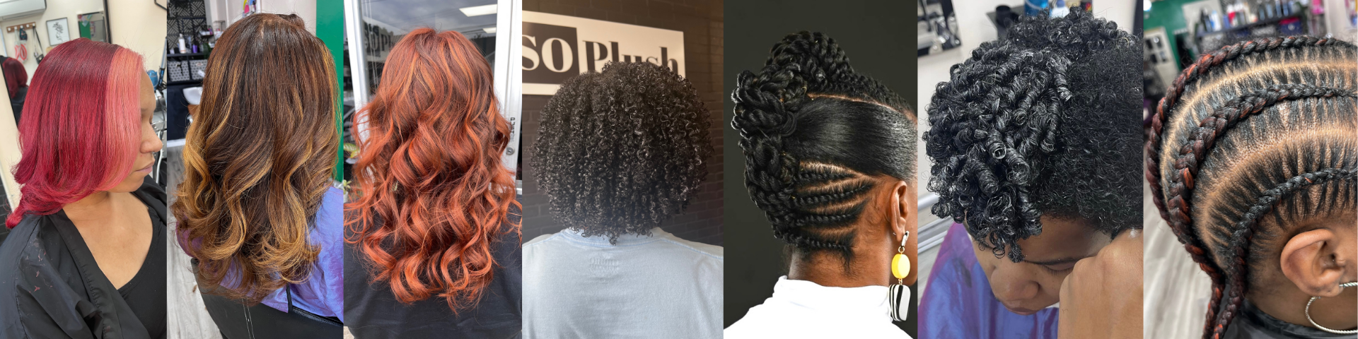 Banner collage featuring the most recent hairstyles and hair services provided by Cherice Wedderburn, showcasing photos of her latest work at Solplush Unisex Hair Salon.